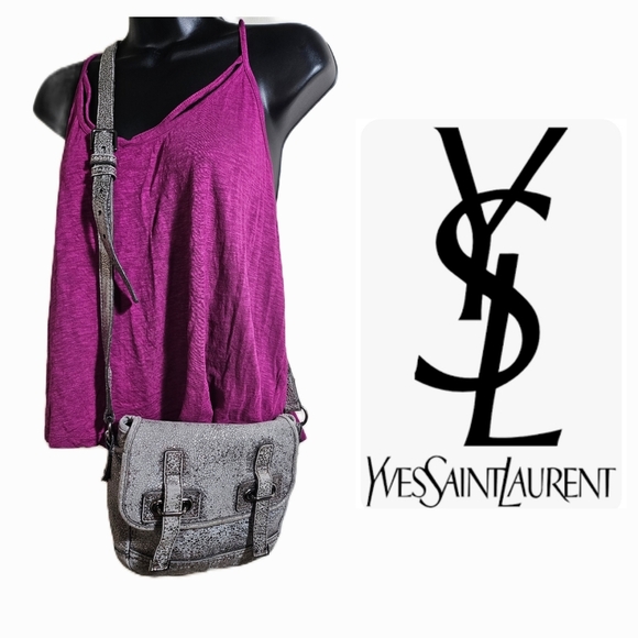 Yves St. Laurent Rive Gauche Pewter Leather Shimmer Crossbody Moto Bag - Picture 1 of 11